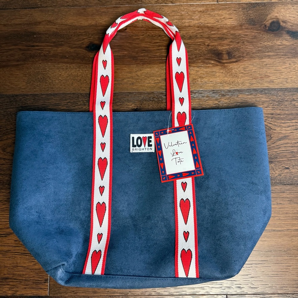 Brighton Blue Velveteen Love Tote Bag with Red Heart Straps